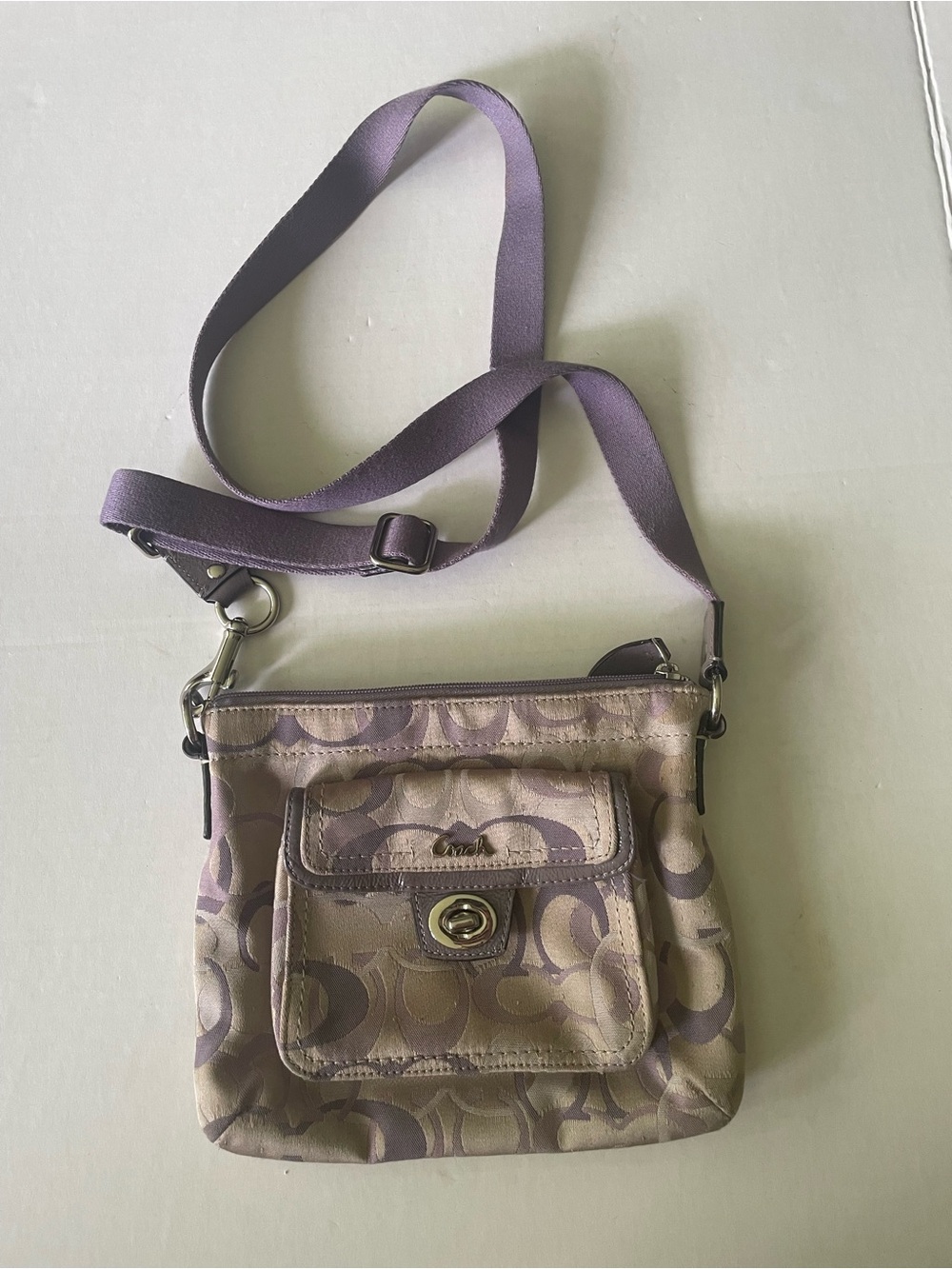 Coach Signature Monogram Logo Canvas Purple Gray Crossbody Shoulder Bag Purse